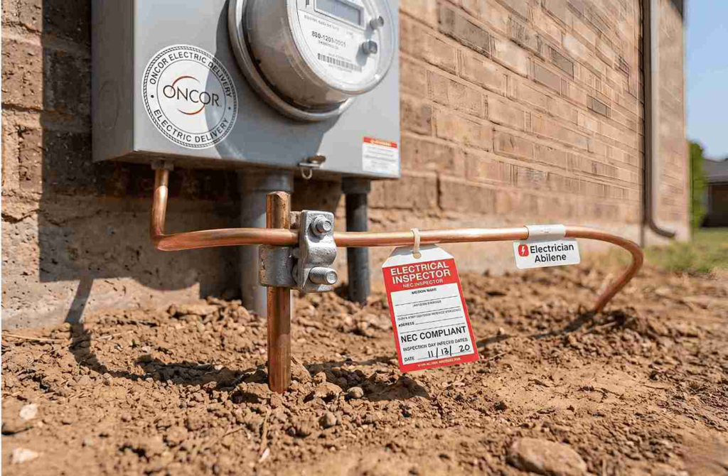 Outdoor electrical meter mounted on a brick wall with copper piping and an 'Electrical Inspector' tag that says NEC Compliant.