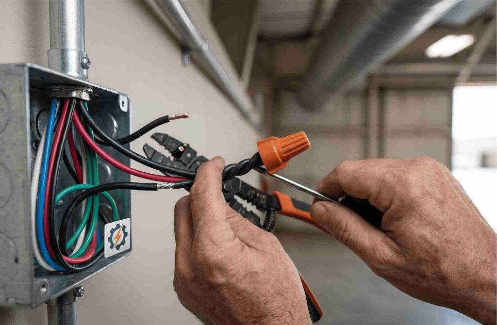 Close-up of hands wiring a metal electrical box with a wire nut and multicolored cables visible inside the panel.