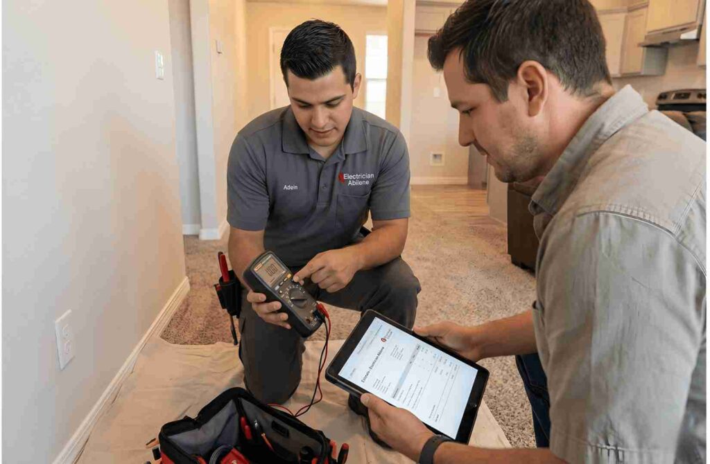 Two electricians inspect electrical readings in a home's hallway, using a handheld meter while one shows results on a tablet