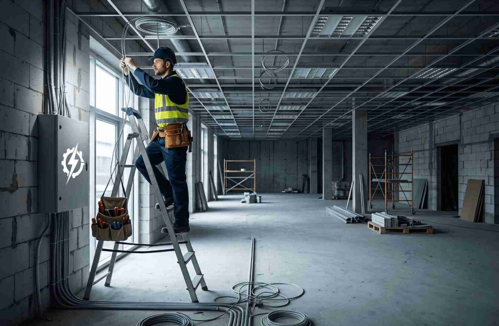 Construction worker on a ladder wiring a building's electrical system in a dim, unfinished interior with exposed ceilings and concrete walls.