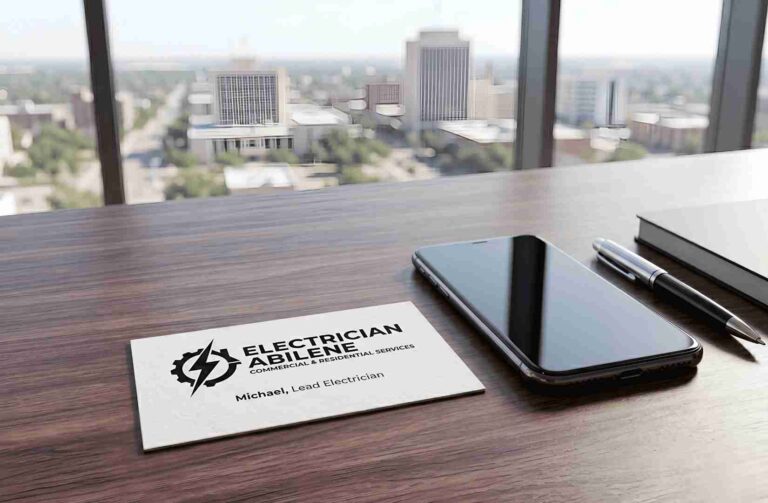 Business card for a lead electrician on a wooden desk with a smartphone and a pen, city view through large windows.