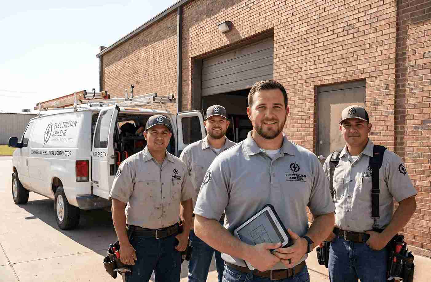 Four electricians in gray shirts stand outside a brick building beside a white service van with an electrical company logo.