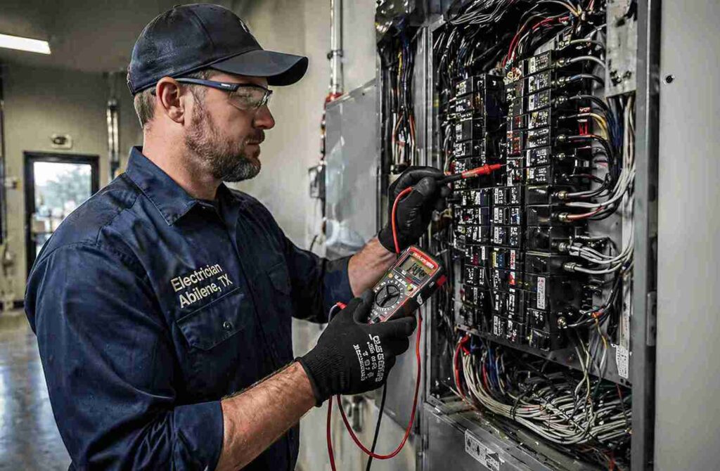 Electrician wearing a cap and safety glasses uses a multimeter to test wiring inside a large electrical control panel in an industrial setting