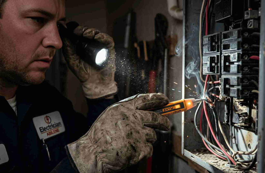 Electrician in gloves using a power tool inside an electrical panel, sparks flying as wires are cut or ground.