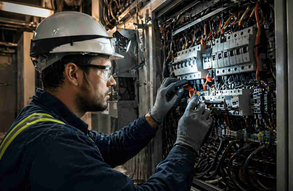 Electrical technician in a hard hat and safety glasses inspecting a crowded control panel with exposed wiring inside a server rack room.
