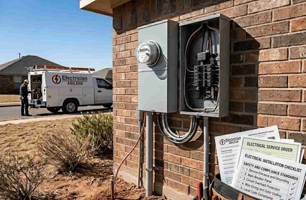 Electrician installing electrical meter and panel on a brick house with a service van in the background and a safety checklist nearby.