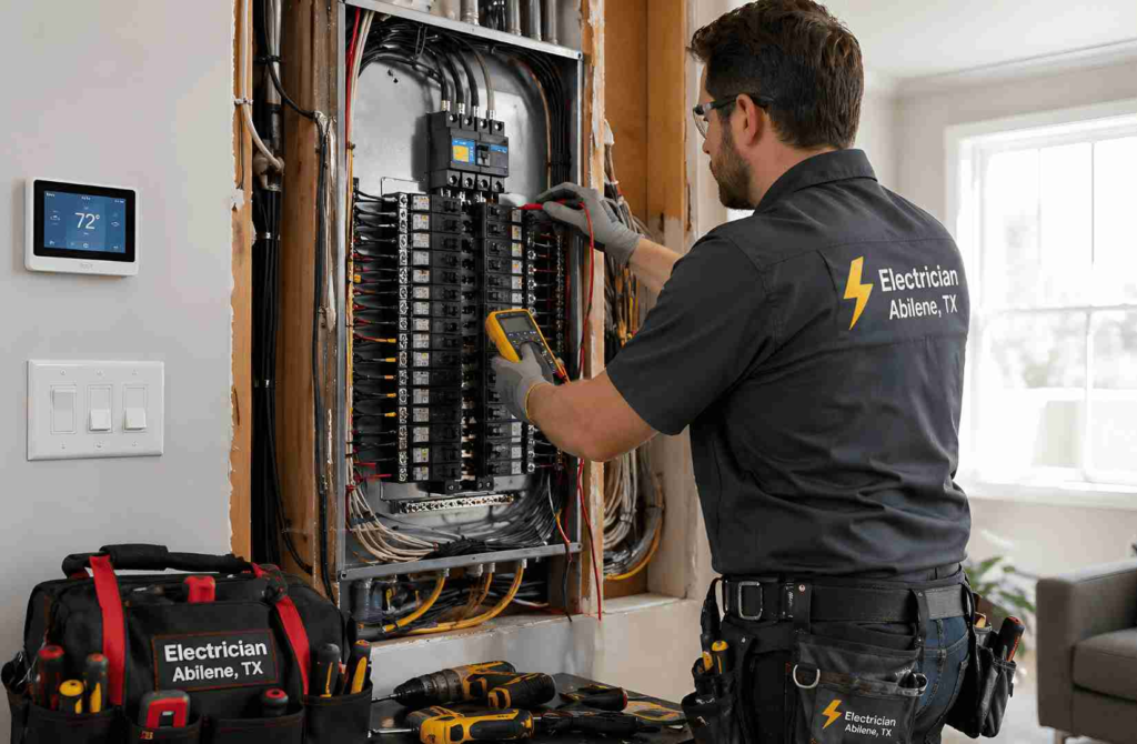 Electrician in a black uniform works on a crowded breaker panel with a multimeter inside a partially open wall cavity, wearing gloves and safety glasses.