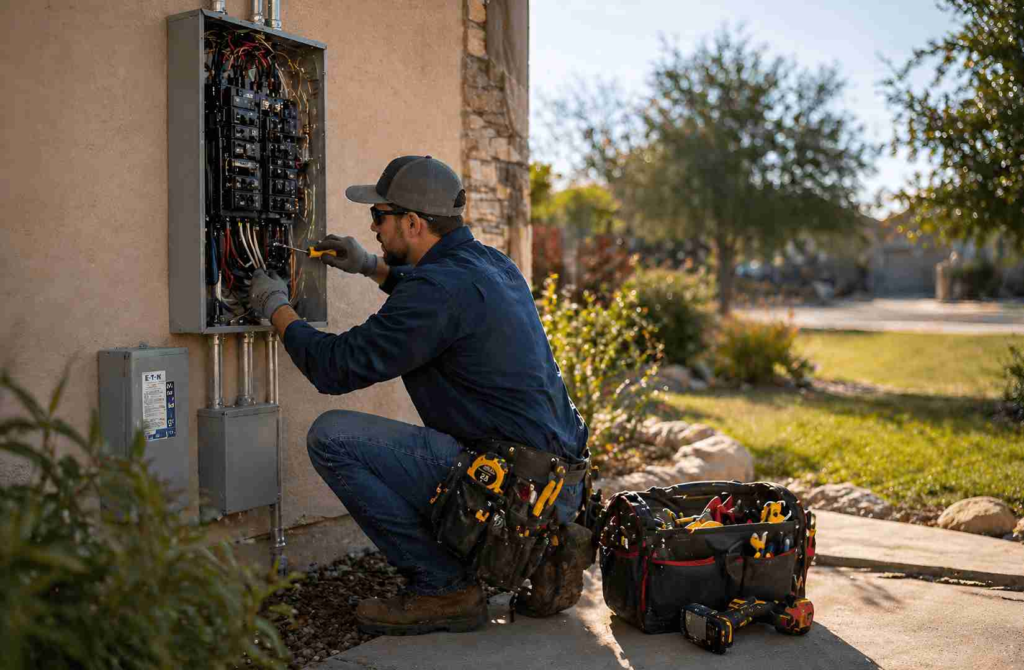 Electrician kneeling by an outdoor electrical panel, using a screwdriver to modify wiring with a tool belt and open toolbox nearby