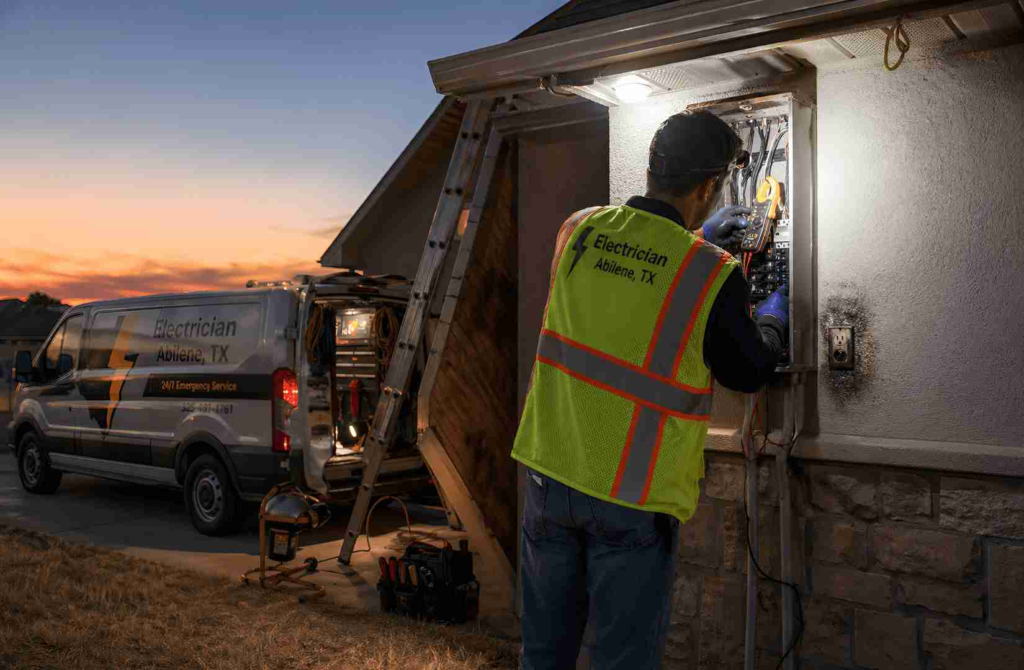Electrician in a high-visibility vest working on an outdoor electrical panel beside a service van at sunset.