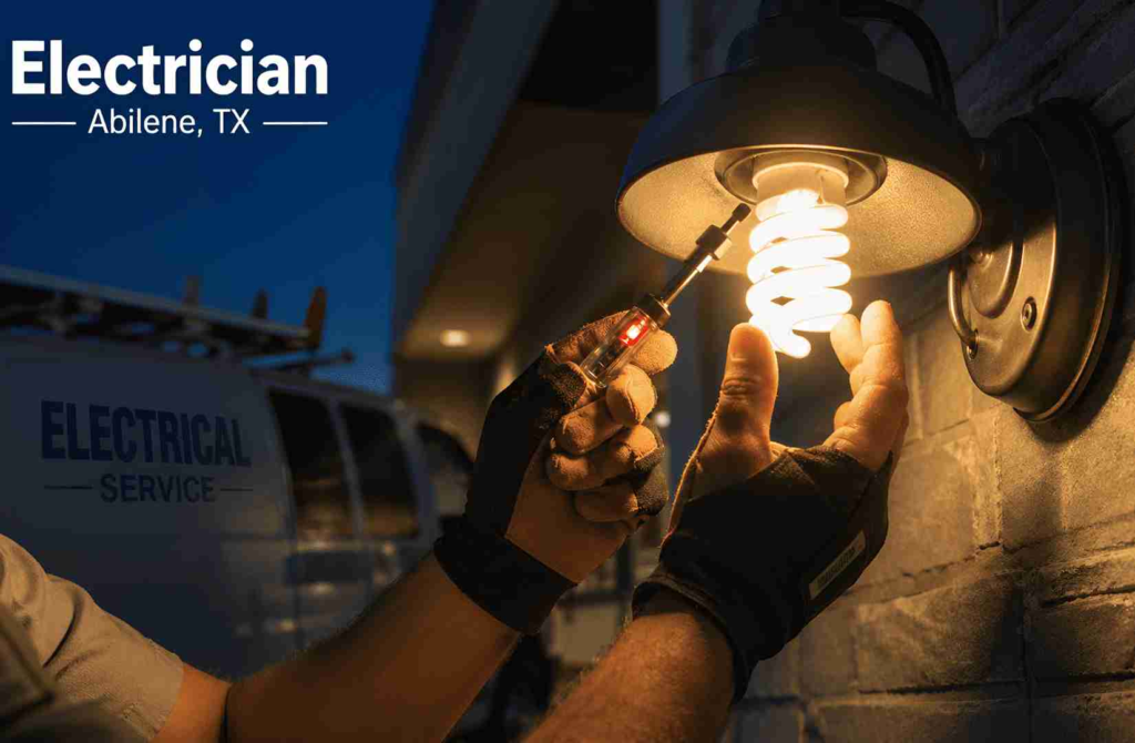 Electrician wearing gloves installs a spiraled bulb into a wall fixture at dusk, service van in background