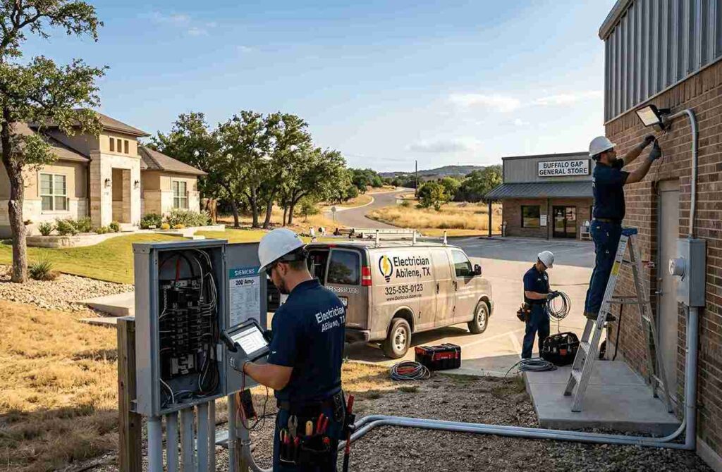 Electricians in hard hats install electrical equipment outside a brick building; a service van reads 'Electrician Abilene, TX' nearby.