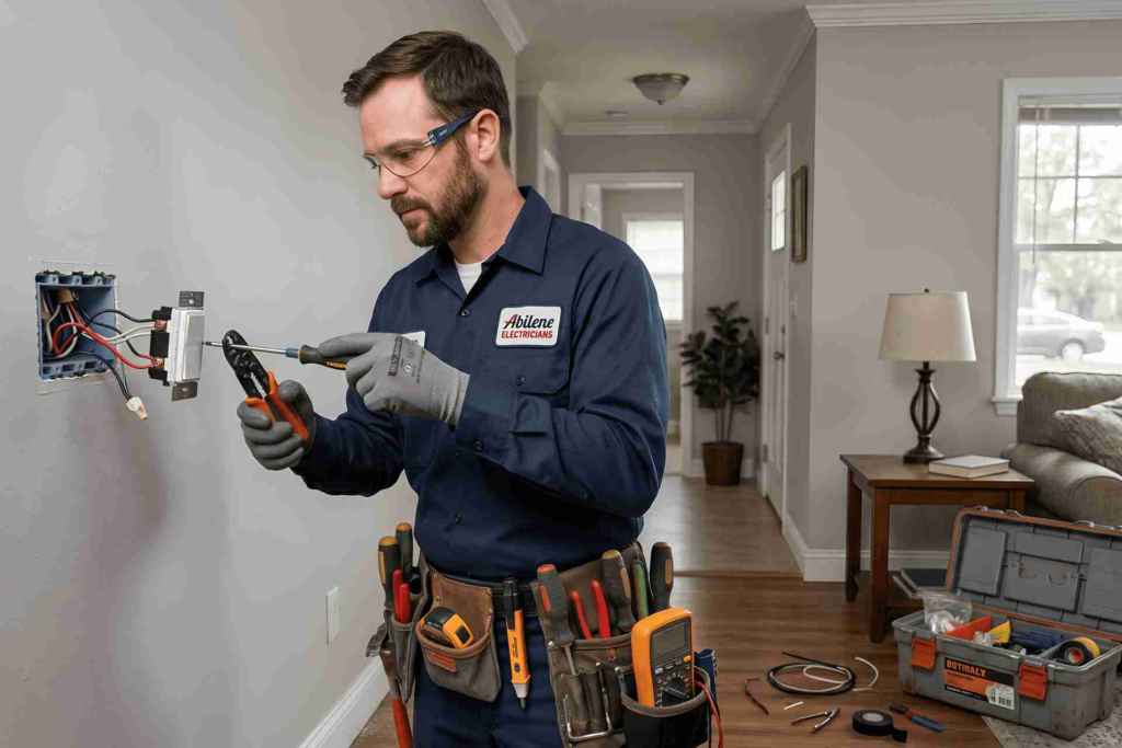 Electrician in a blue uniform wires a wall outlet in a living room, wearing safety glasses and gloves.