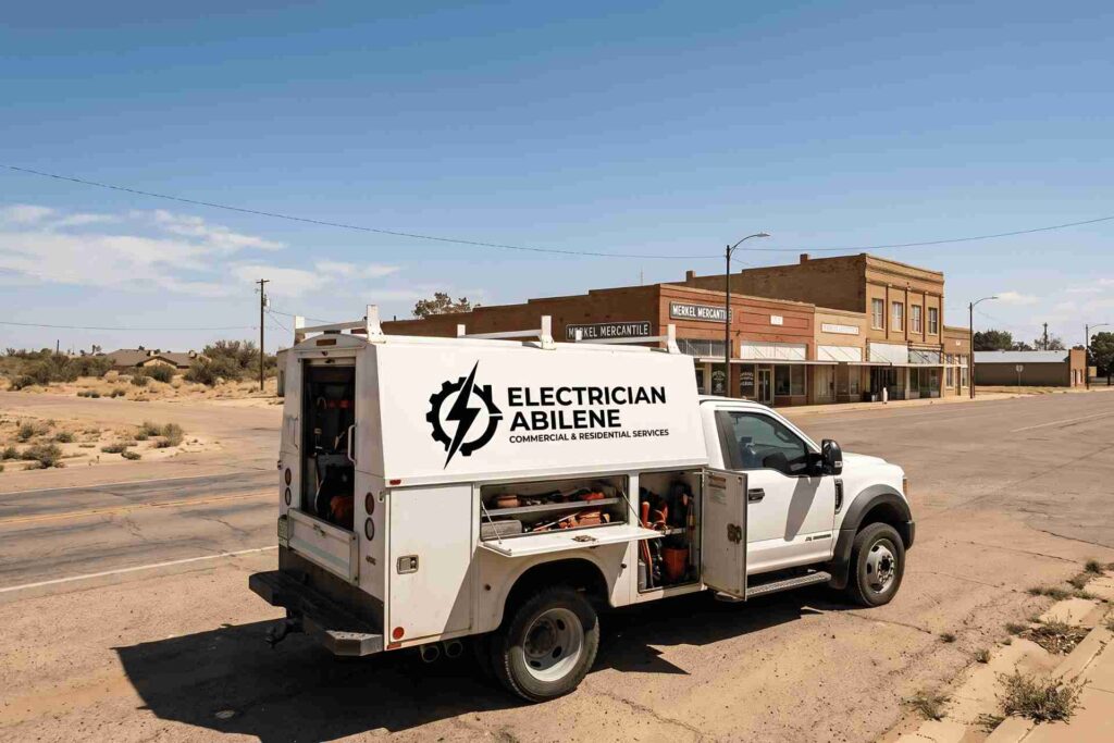 White electrician's service van with 'Electrician Abilene' logo parked on a dusty desert street in front of small brick storefronts.