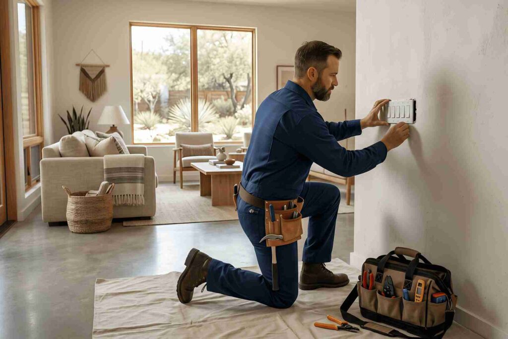 Handyman kneels on a drop cloth, installing a wall switch while tools sit in a belt bag in a bright living room.
