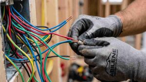Electrician wearing gloves trimming exposed colored wires inside a breaker panel, preparing to connect them