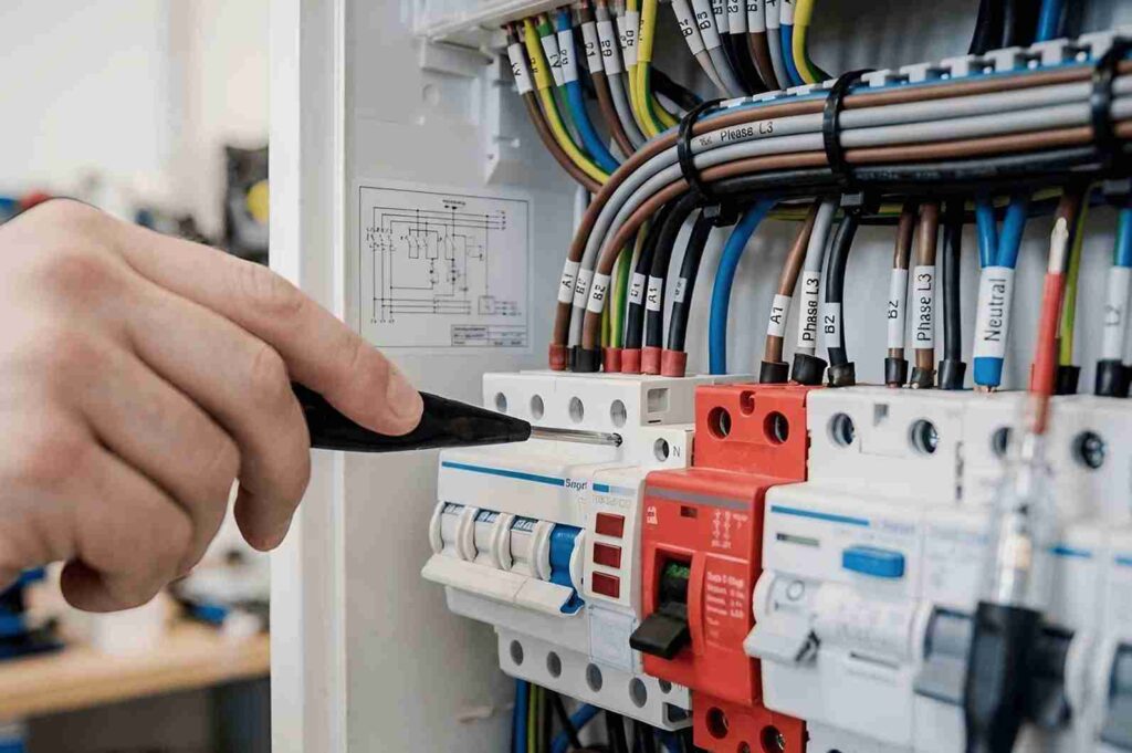 Hand holding a screwdriver as it adjusts a circuit breaker panel with colorful labeled wires, close-up view of electrical work.