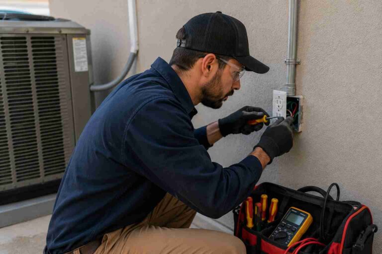 Techician repairs outdoor electrical outlet using a screwdriver, wearing safety glasses and gloves with a tool bag and multimeter nearby