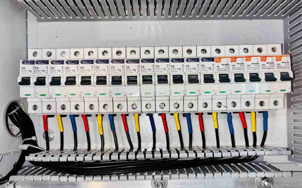 Electrical distribution panel with multiple circuit breakers and color‑coded wires inside a metal enclosure.
