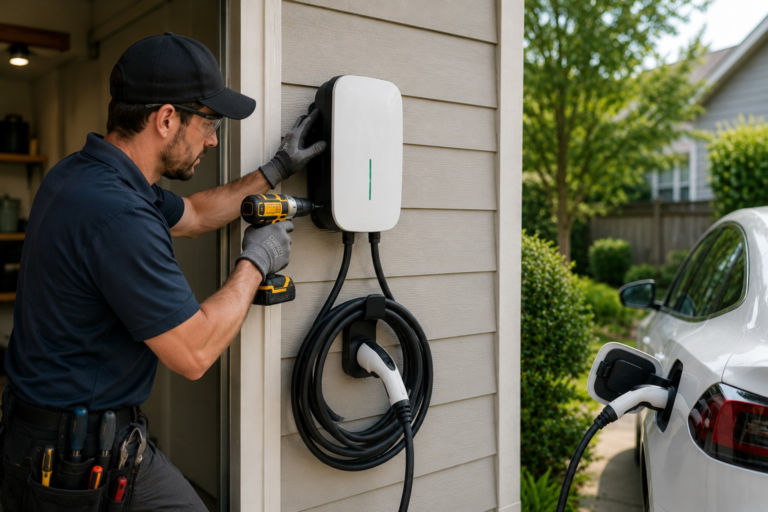 Technician installs a wall-mounted electric vehicle charging unit on the exterior of a beige house while a white car is plugged in nearby.