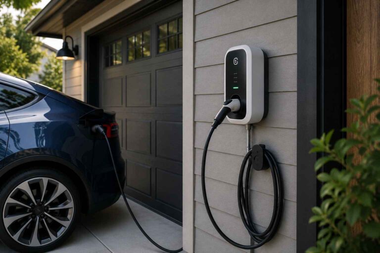 Blue electric car plugged into a wall-mounted home charger on a gray house exterior, in the driveway.