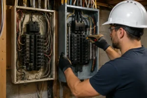 How to Remodel Electrical 3 - Electrician Abilene Licensed electrician upgrading an old residential electrical panel with a modern organized breaker panel