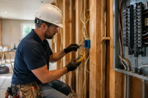 How to Remodel Electrical 4 - Electrician Abilene Licensed electrician using a multimeter to inspect wiring during a residential electrical remodel