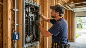 Electrical Panel Installation: Electrician installing and organizing circuit wiring inside an electrical panel in an unfinished residential garage.