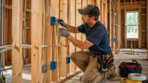 Electrical Rough-In: Electrician installing electrical wiring and outlet boxes through exposed wooden wall studs in a new American home.